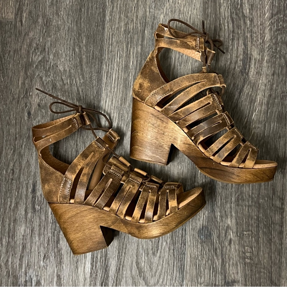 FreeBird by Steven Ibiza lace up wooden platform sandals sz 7US - Picture 2 of 15